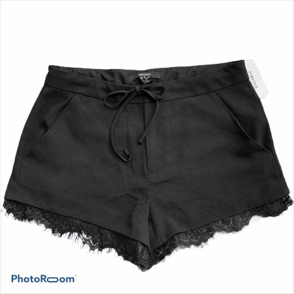 Forever 21 Black Shorts Lace Detail Tie Pockets - Picture 1 of 8